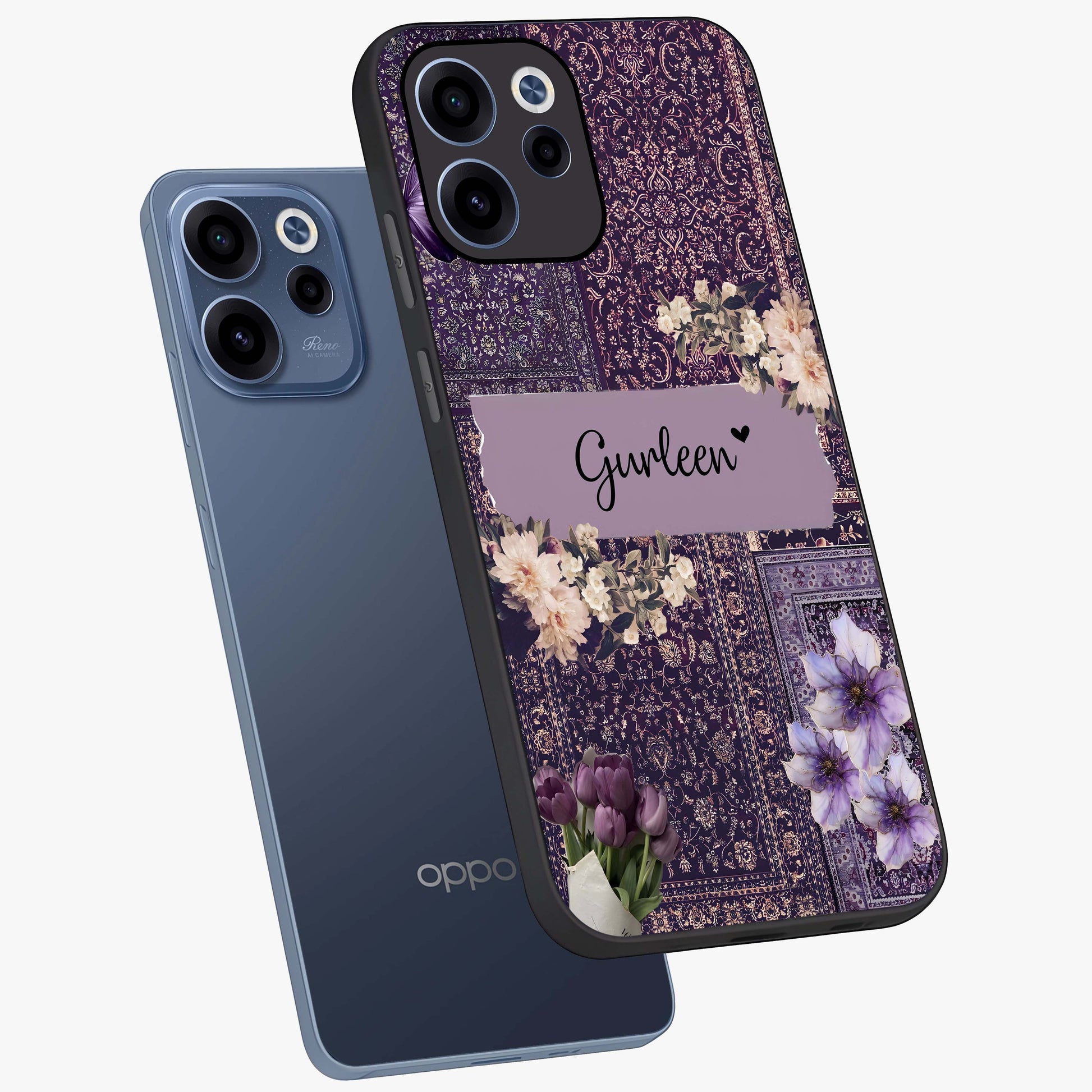 Antique Floral Whisper Custom Name Glass Case displayed in angled mockup highlighting elegant antique floral aesthetic.
