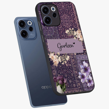 Antique Floral Whisper Custom Name Glass Case displayed in angled mockup highlighting elegant antique floral aesthetic.