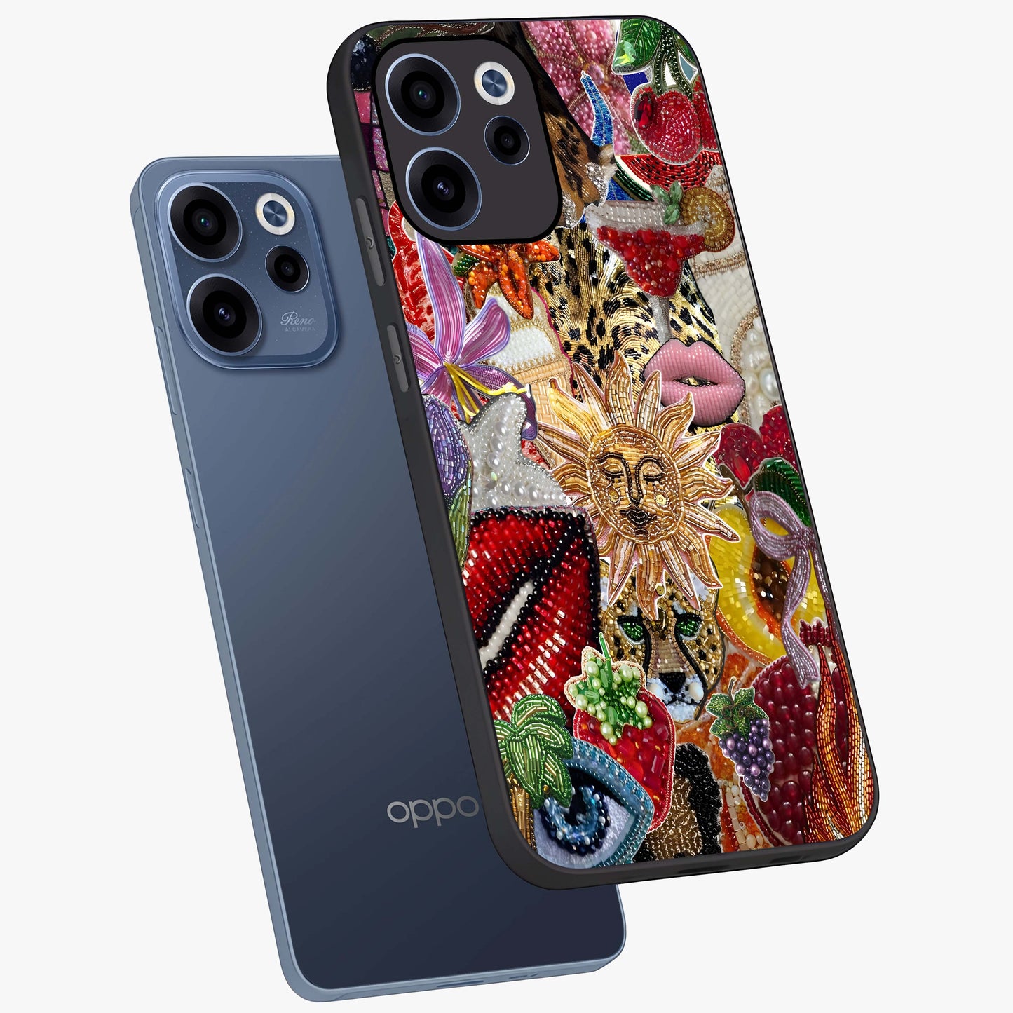 Beaded Fashion Jungle Glass Case displayed in angled mockup highlighting colorful fashion bead design and artistic pattern.