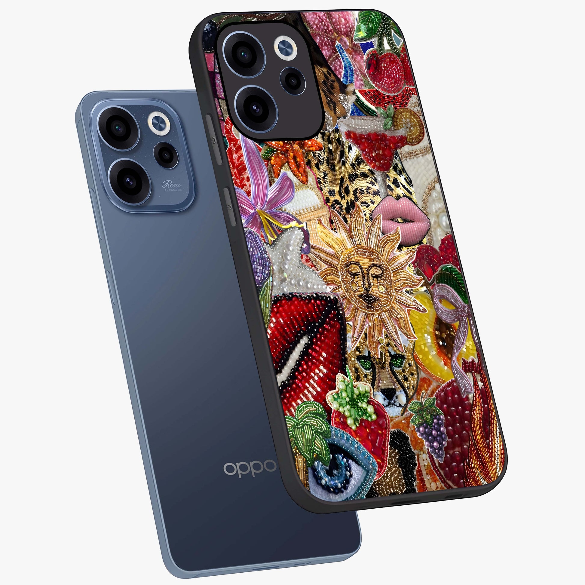 Beaded Fashion Jungle Glass Case displayed in angled mockup highlighting colorful fashion bead design and artistic pattern.
