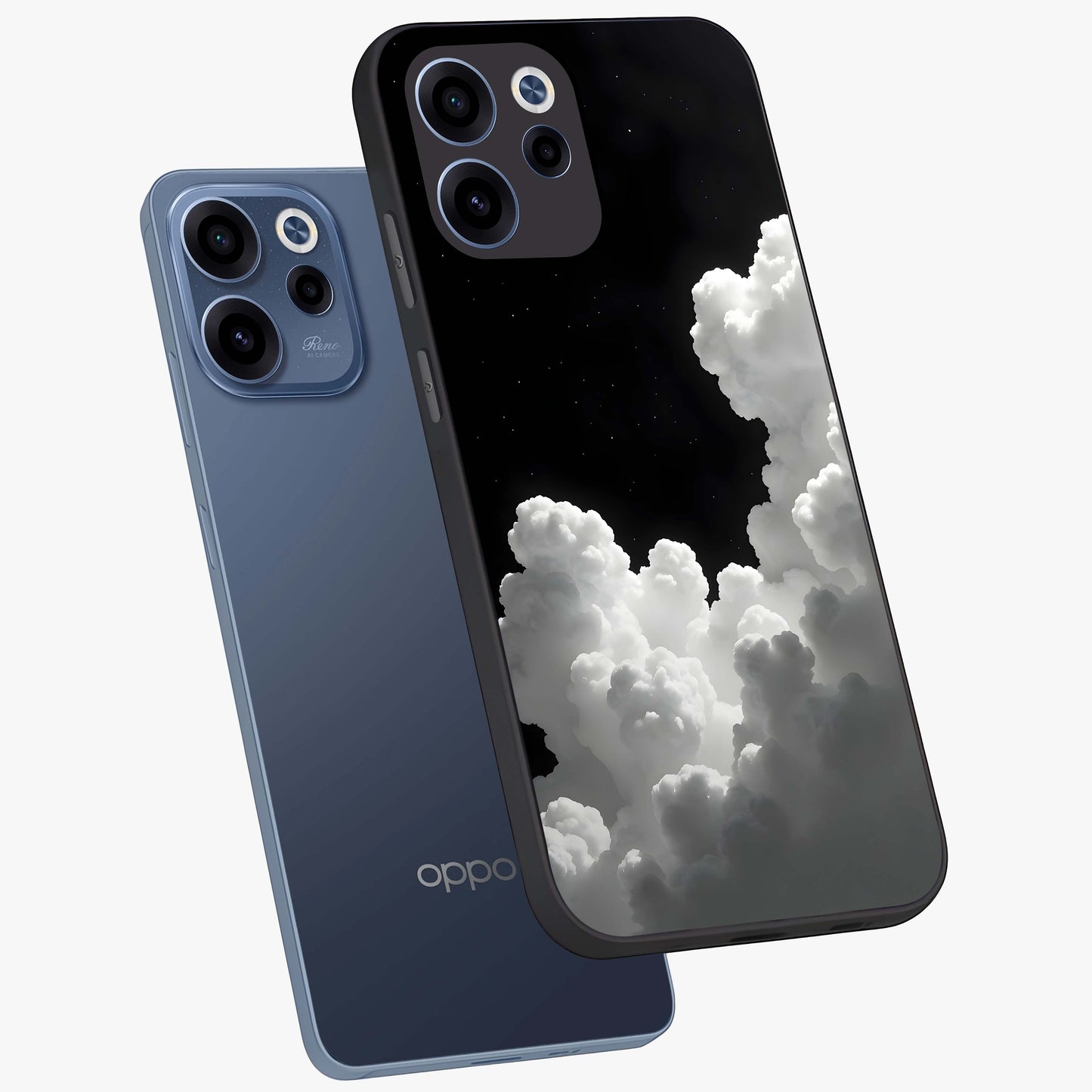Black Background With White Cloud Glass Case displayed in angled mockup highlighting soft white cloud illustration and minimal design.