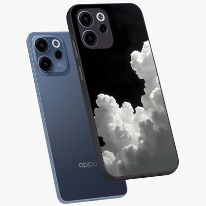 Black Background With White Cloud Glass Case displayed in angled mockup highlighting soft white cloud illustration and minimal design.
