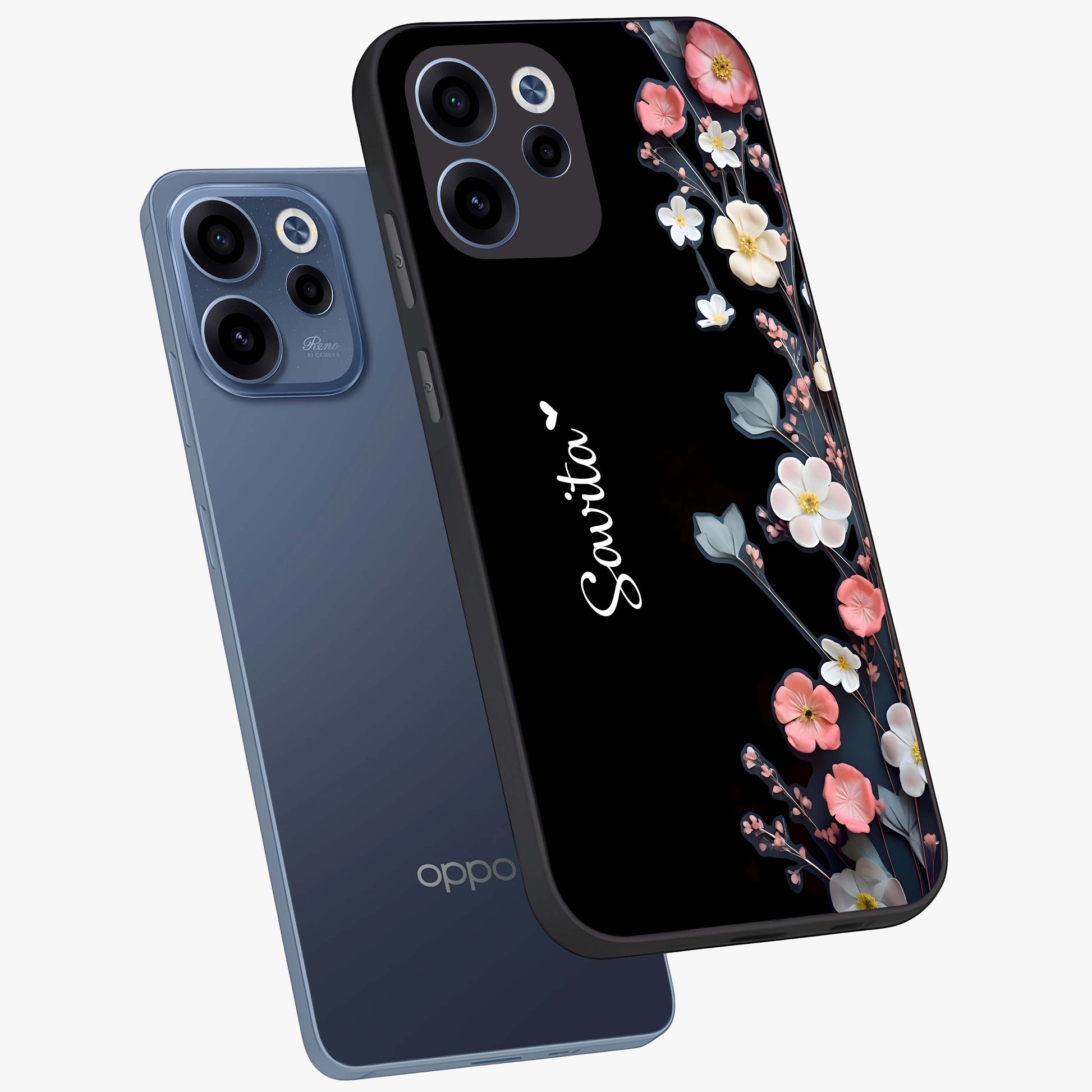 Black Elegance Floral Custom Name Glass Case displayed in angled mockup highlighting dark floral aesthetic and custom name feature.