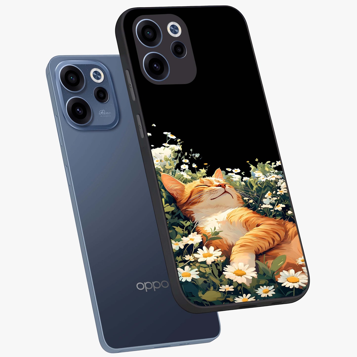 Blissful Bloom Cat Glass Case displayed in angled mockup highlighting playful feline illustration with soft floral aesthetic.