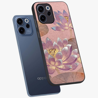 Blossom Mist Lotus Glass Case displayed in angled mockup highlighting delicate lotus illustration with calm aesthetic theme.