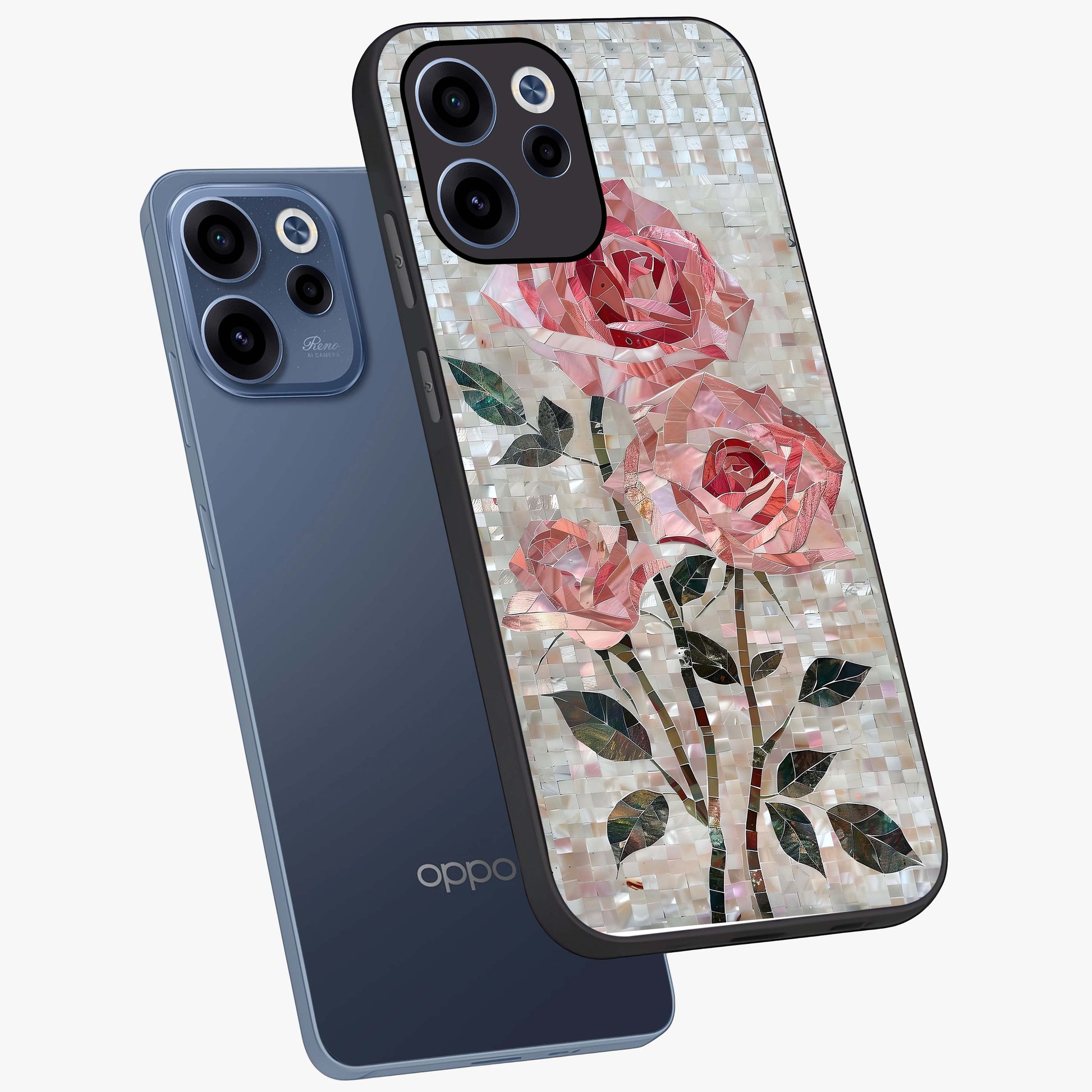 Blush Mosaic Bloom Glass Case displayed in angled mockup highlighting artistic mosaic flower pattern with aesthetic design.