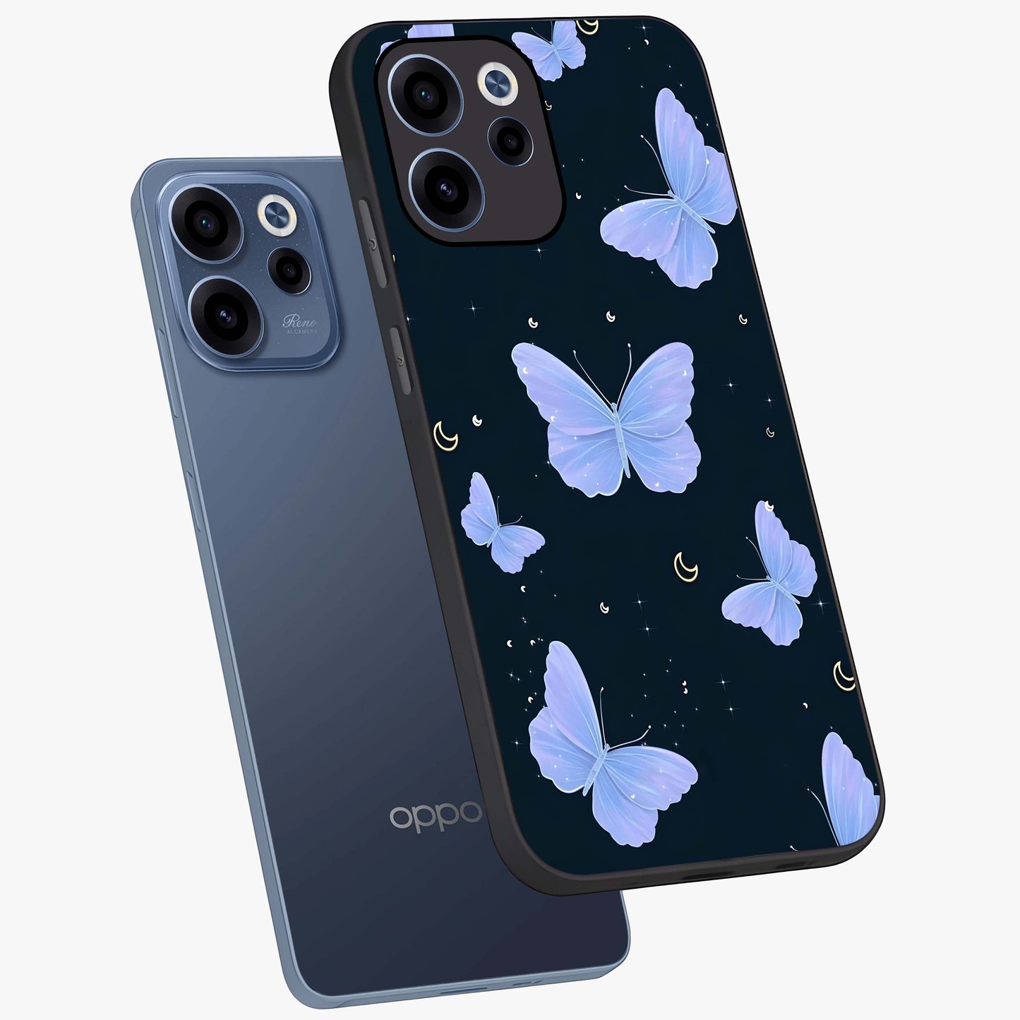 Butterfly With Stars Pattern Glass Case displayed in angled mockup highlighting dreamy butterfly and star design with aesthetic theme.