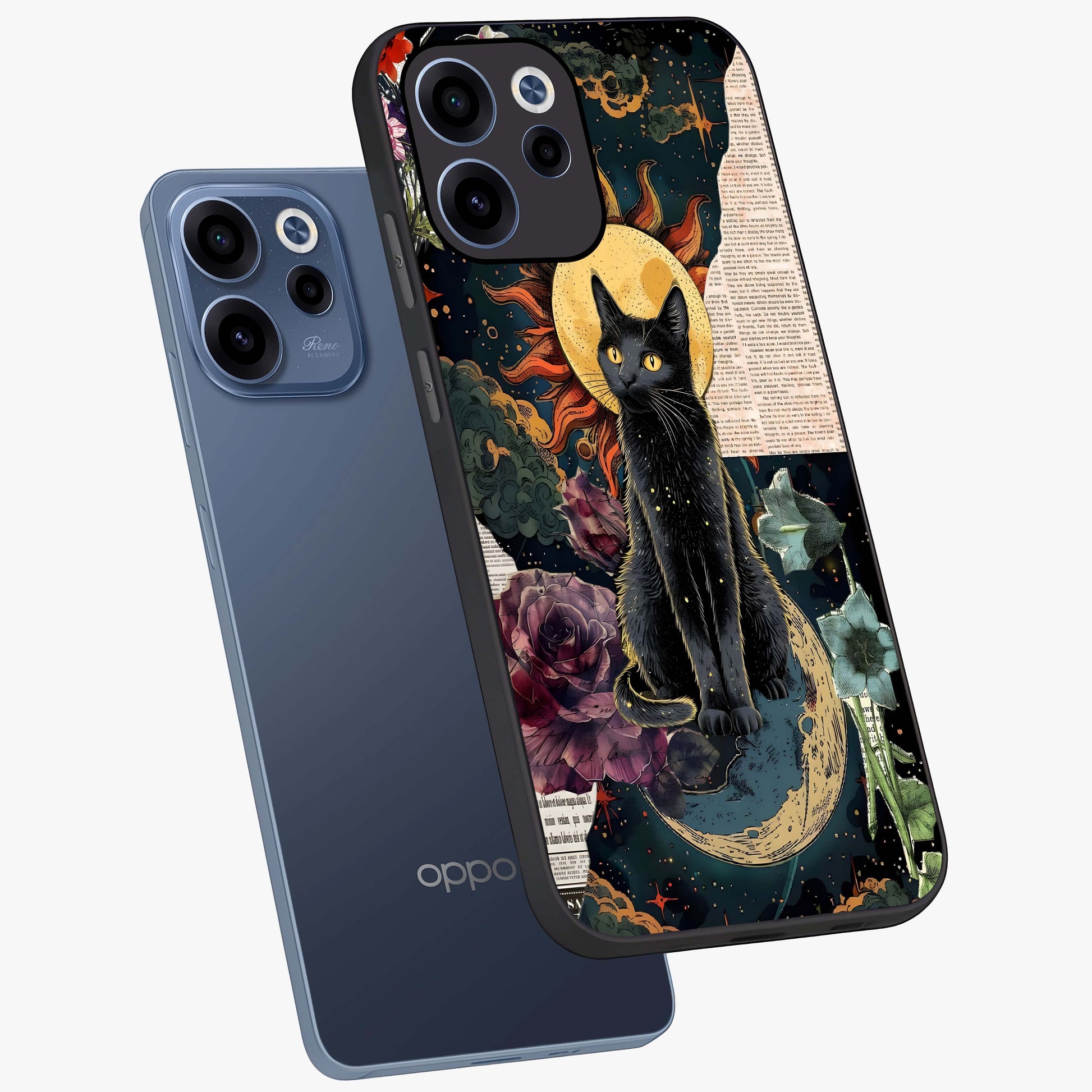 Celestial Black Cat Glass Case displayed in angled mockup highlighting cosmic black cat design with celestial aesthetic.