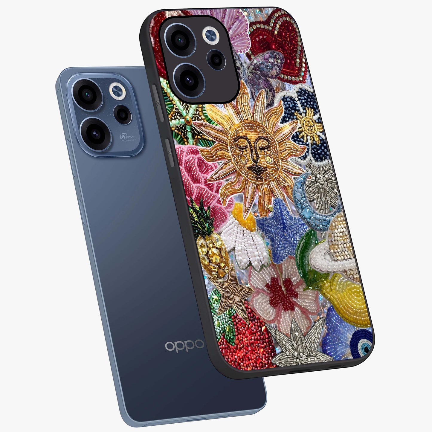 Celestial Floral and Playful Glass Case displayed in angled mockup highlighting playful floral design with dreamy celestial elements.