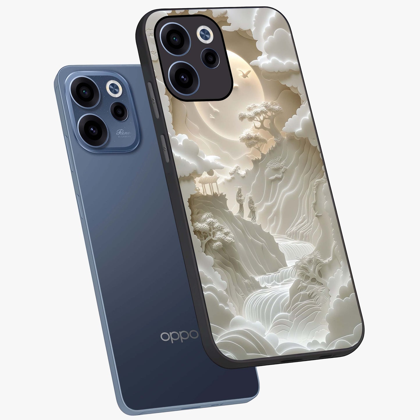 Celestial Origami Glass Case displayed in angled mockup highlighting geometric origami design with cosmic aesthetic theme.