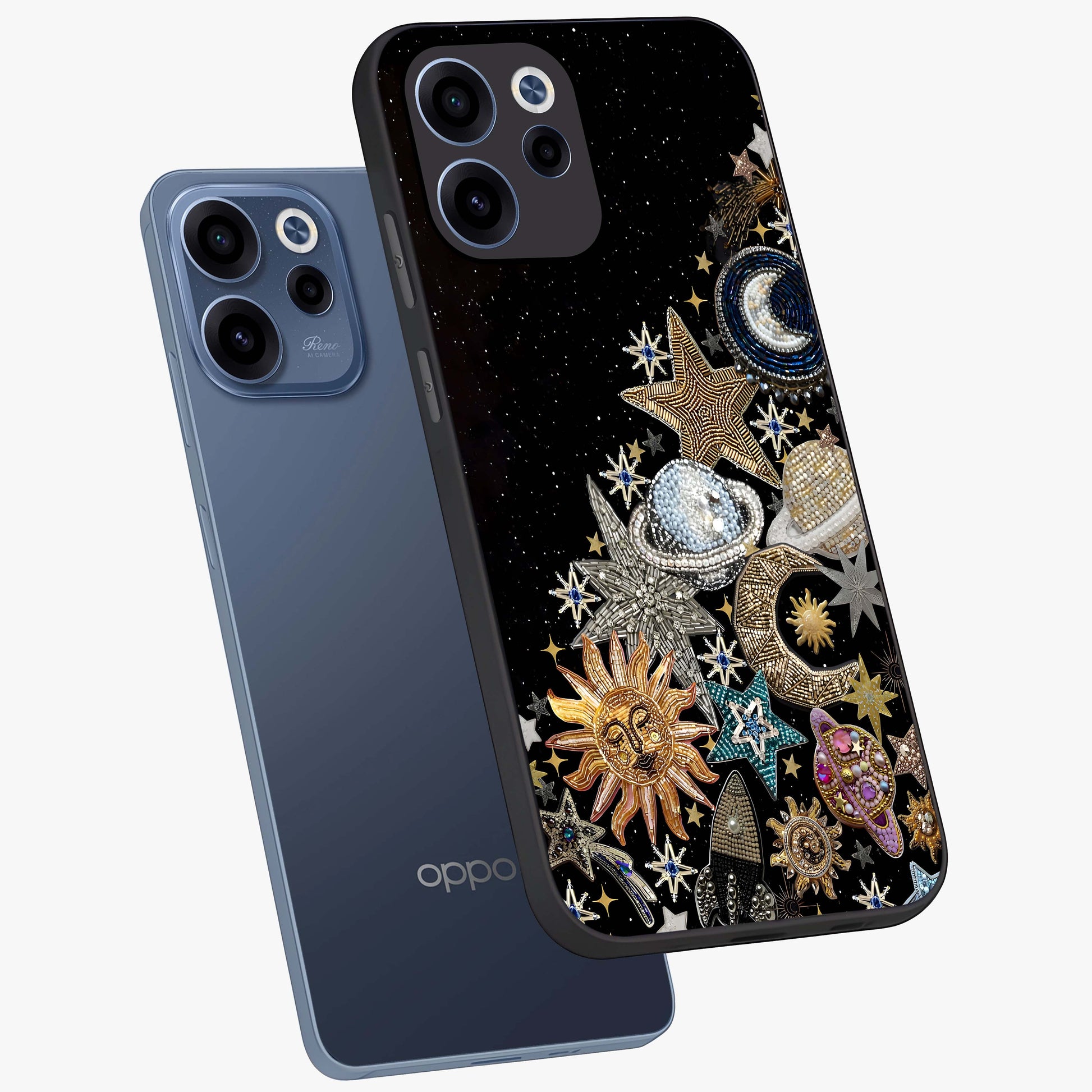 Cosmic Sparkle Dreams Glass Case displayed in angled mockup highlighting dreamy star sparkle design with celestial aesthetic.
