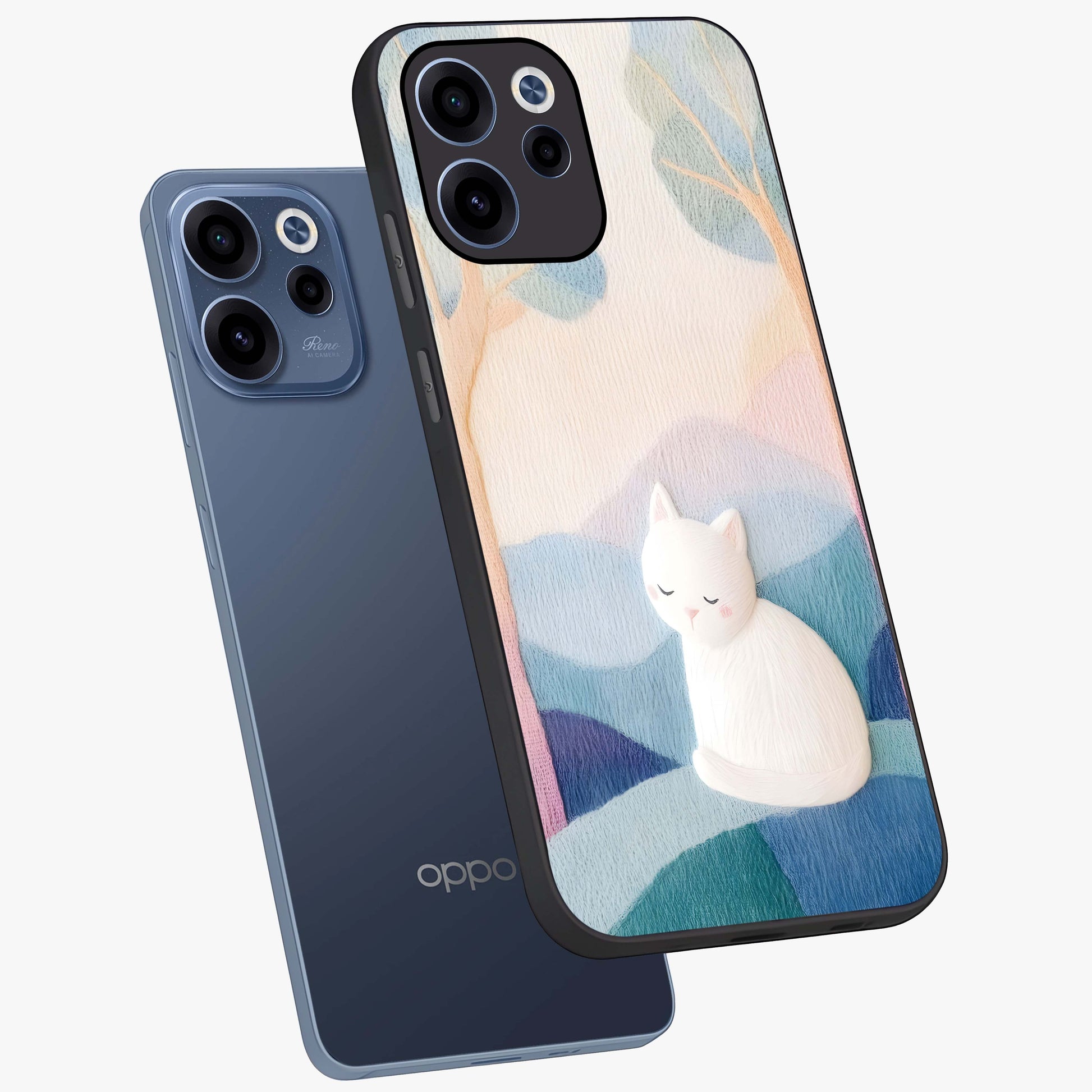 Cotton Dream Cat Glass Case displayed in angled mockup highlighting cute feline illustration with pastel aesthetic style.