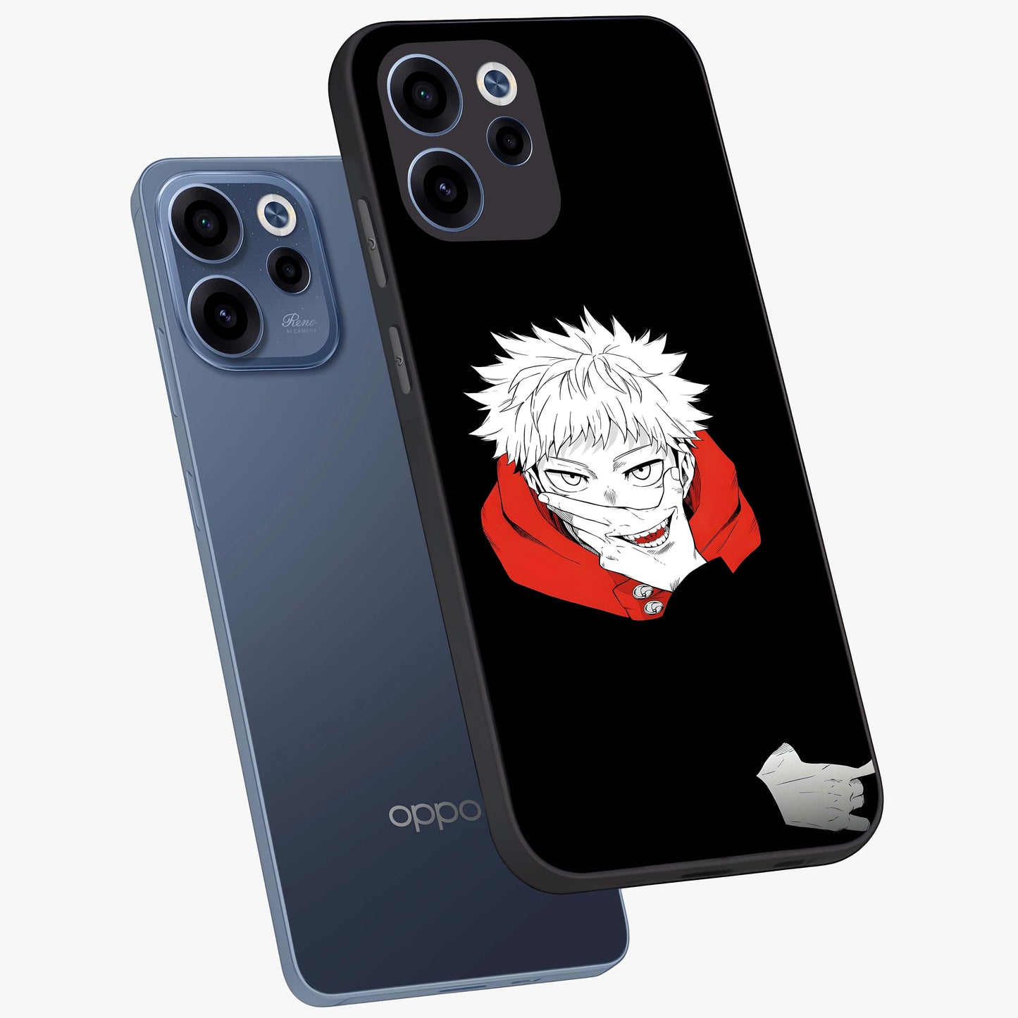 Crimson Chaos Smile Glass Case displayed in angled mockup highlighting edgy crimson smile design with graphic aesthetic.