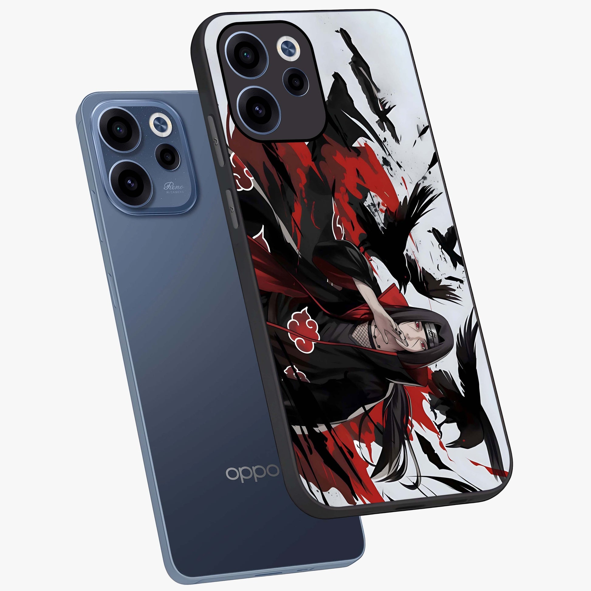 Crimson Crow Illusion Glass Case displayed in angled mockup highlighting mysterious crow graphic with dark aesthetic style.