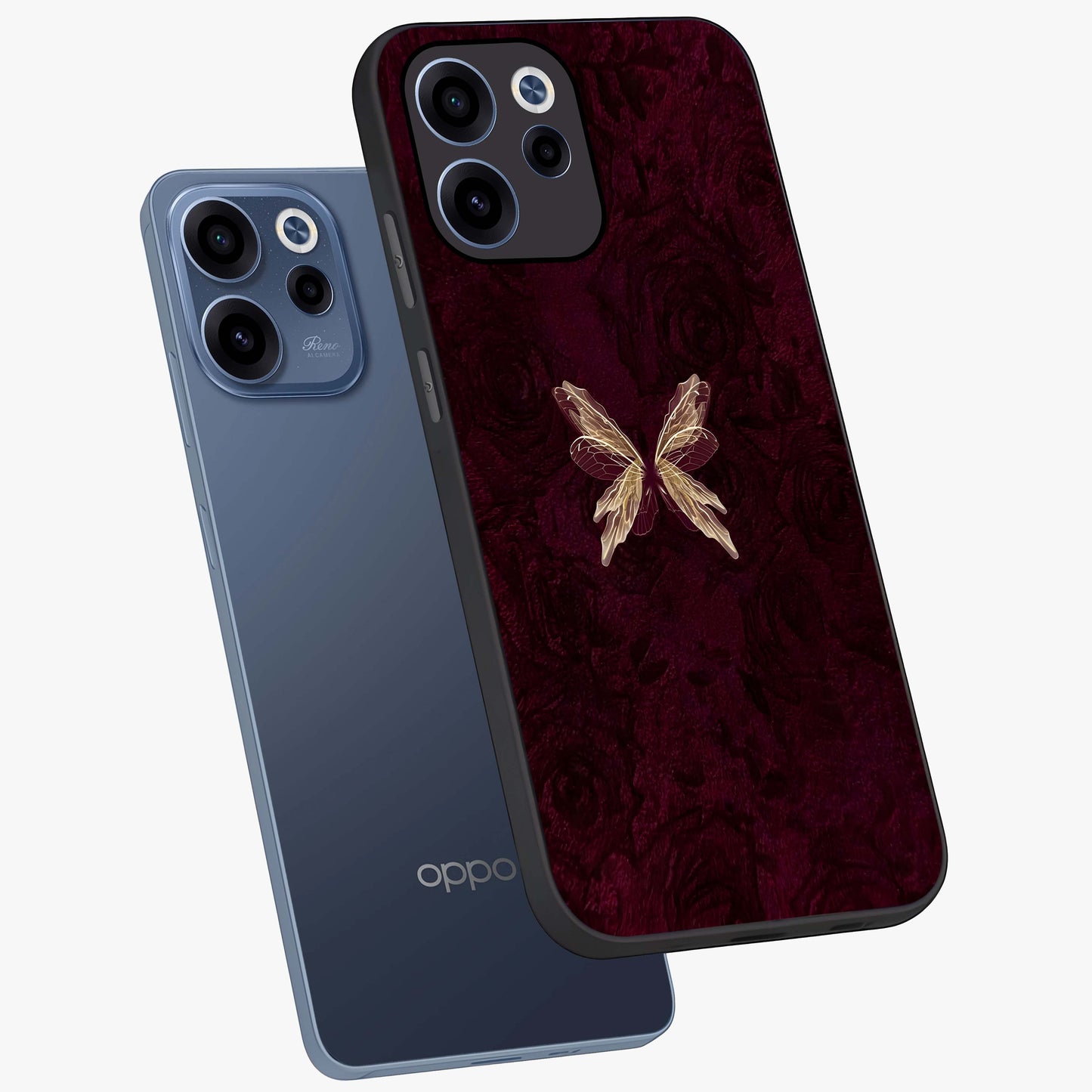 Crimson Fade Butterfly Glass Case displayed in angled mockup highlighting elegant butterfly design with crimson gradient aesthetic.