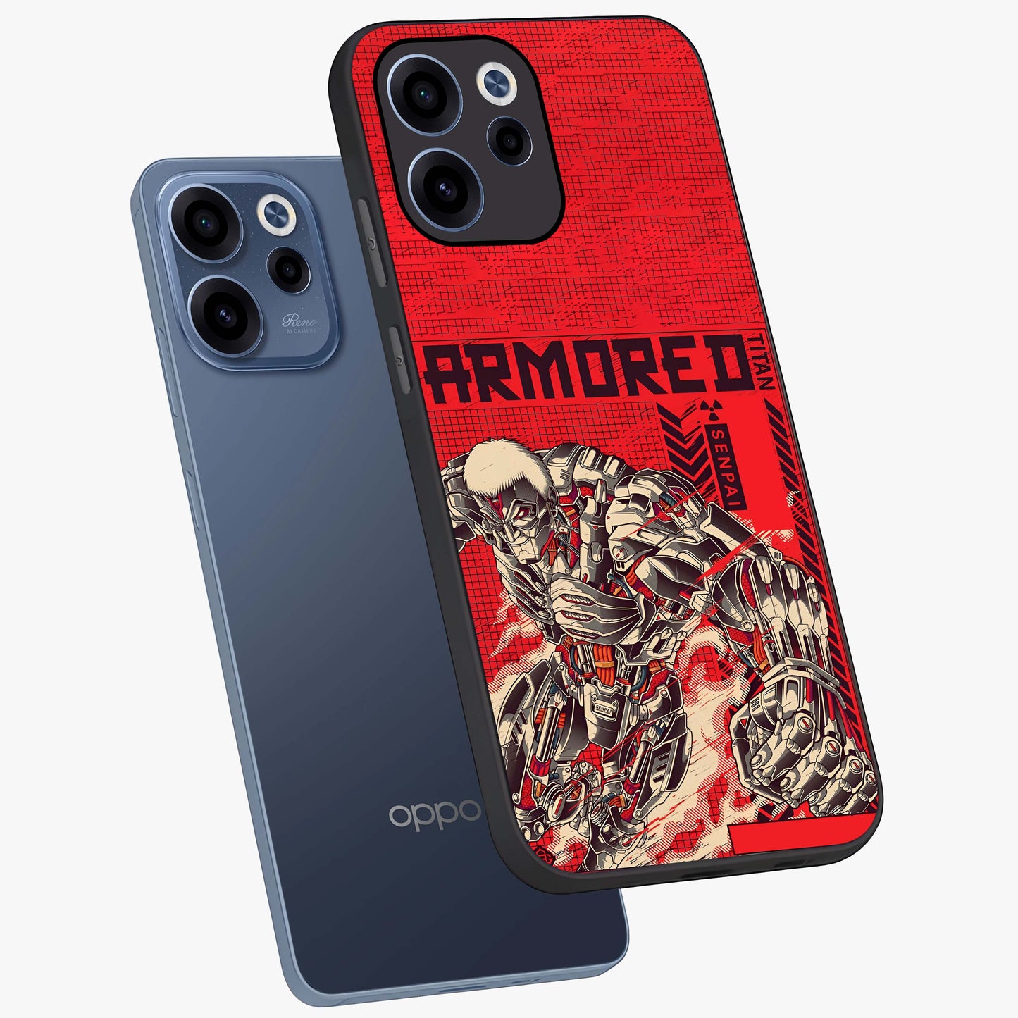 Crimson Mecha Titan Glass Case displayed in angled mockup highlighting futuristic mech illustration with bold crimson aesthetic.