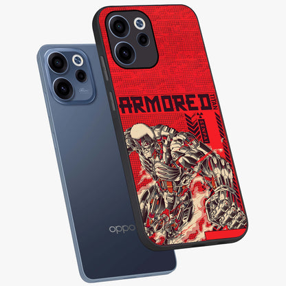 Crimson Mecha Titan Glass Case displayed in angled mockup highlighting futuristic mech illustration with bold crimson aesthetic.