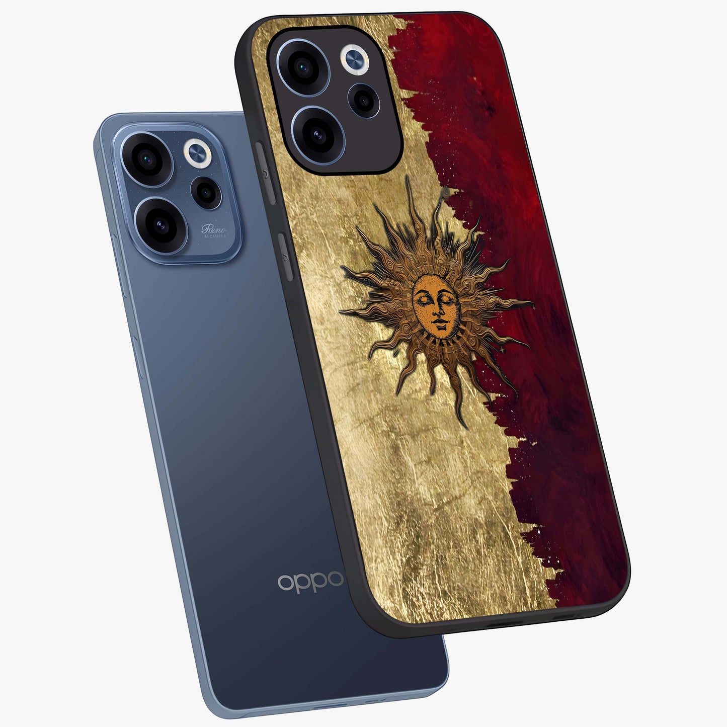 Crimson Sun Majesty Glass Case displayed in angled mockup highlighting majestic crimson sun design with bold aesthetic style.