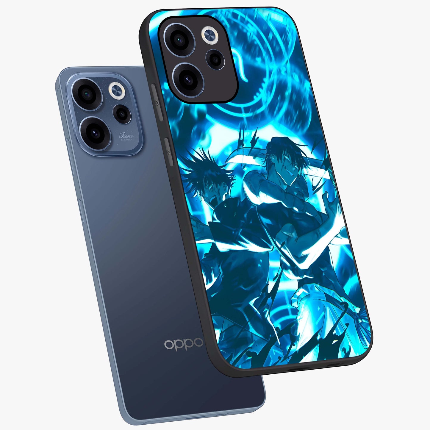 Cursed Energy Clash Glass Case displayed in angled mockup highlighting powerful battle inspired graphic with anime style aesthetic.