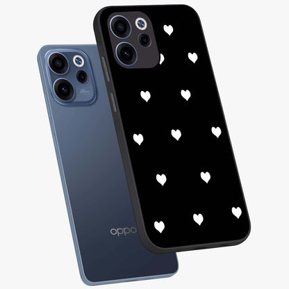 Cute And Simple White Hearts Glass Case displayed in angled mockup highlighting cute heart design with clean aesthetic style.