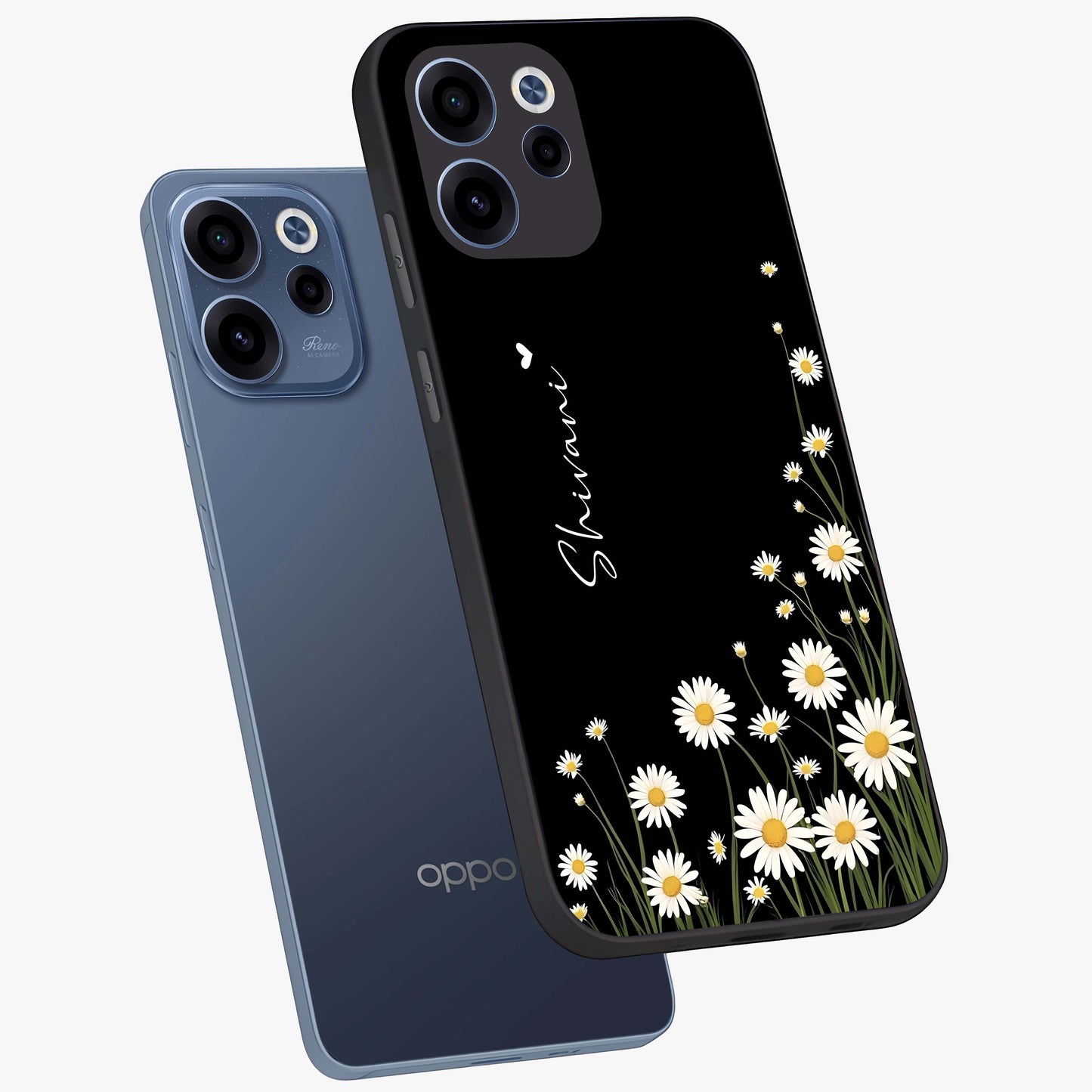 Daisy Cascade Custom Name Glass Case displayed in angled mockup highlighting delicate daisy artwork with custom name feature.