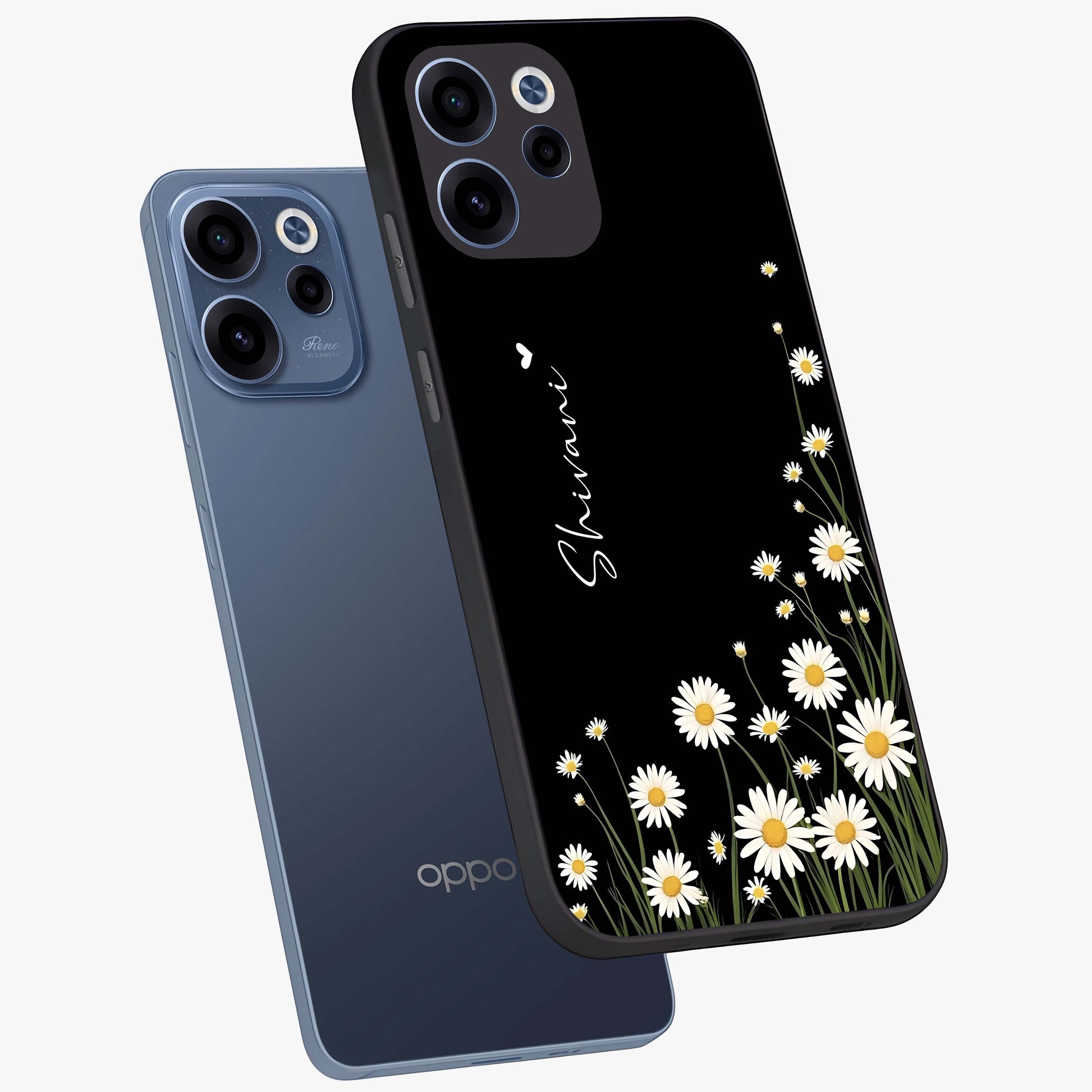 Daisy Cascade Custom Name Glass Case displayed in angled mockup highlighting delicate daisy artwork with custom name feature.