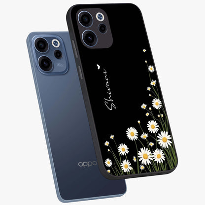 Daisy Cascade Custom Name Glass Case displayed in angled mockup highlighting delicate daisy artwork with custom name feature.