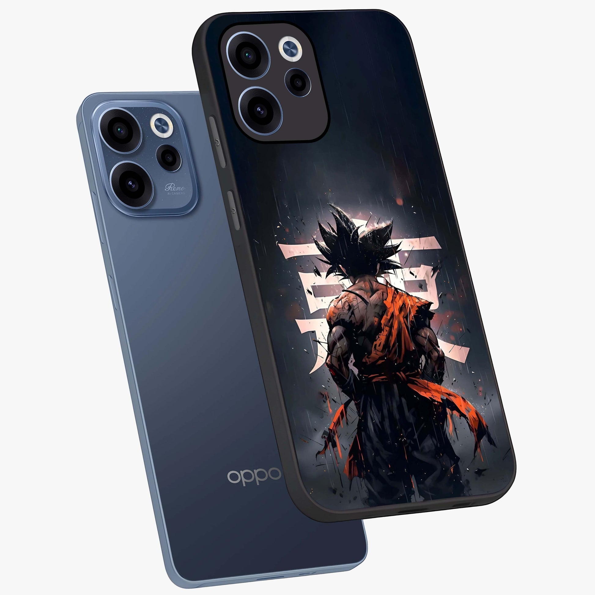 Dark Warrior In Rain Glass Case displayed in angled mockup highlighting dramatic warrior illustration with dark rain aesthetic.