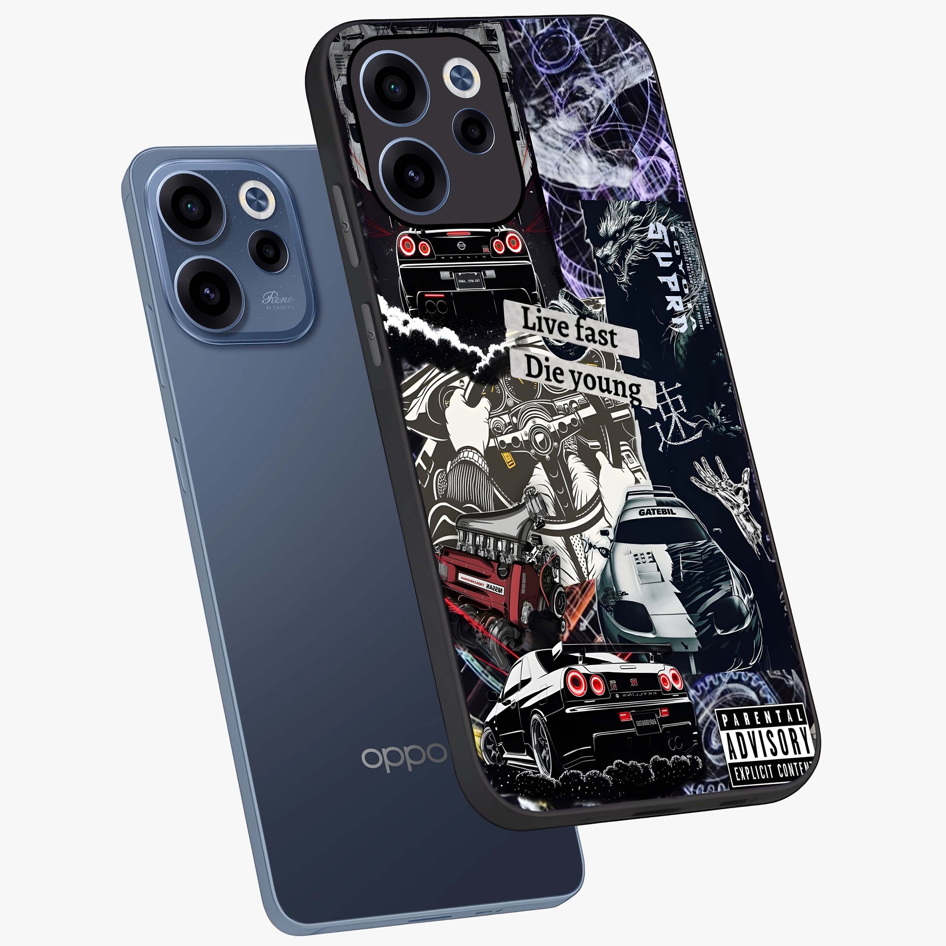 Die Young Glass Case displayed in angled mockup highlighting expressive graphic artwork with edgy aesthetic style.