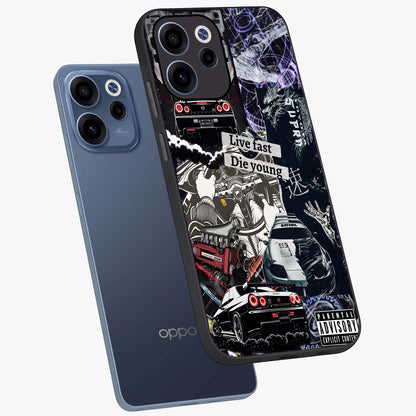 Die Young Glass Case displayed in angled mockup highlighting expressive graphic artwork with edgy aesthetic style.