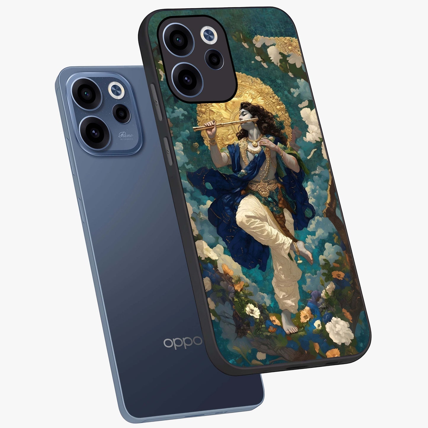 Divine Krishna Art Glass Case displayed in angled mockup highlighting spiritual Krishna illustration with devotional aesthetic.