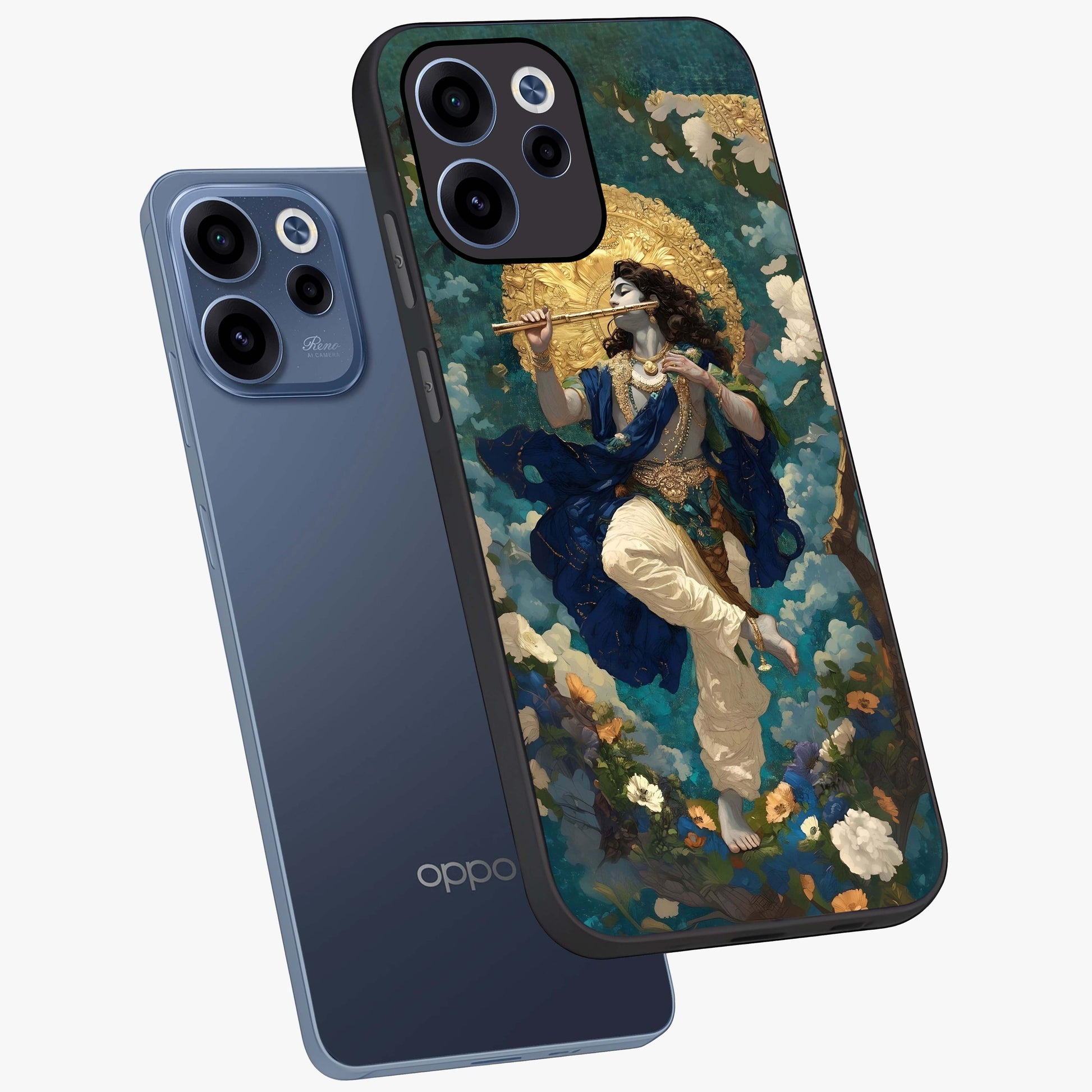 Divine Krishna Art Glass Case displayed in angled mockup highlighting spiritual Krishna illustration with devotional aesthetic.