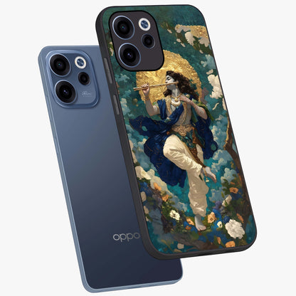 Divine Krishna Art Glass Case displayed in angled mockup highlighting spiritual Krishna illustration with devotional aesthetic.