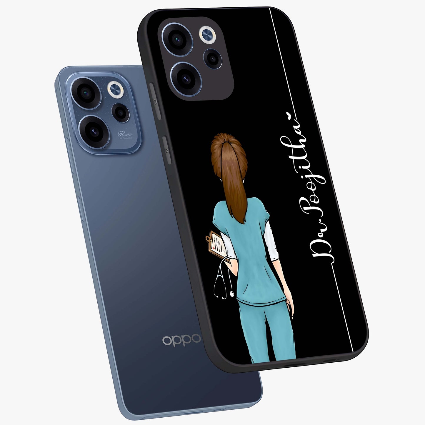 Doctor Pattern Custom Name Glass Case displayed in angled mockup highlighting doctor inspired artwork with custom name feature.