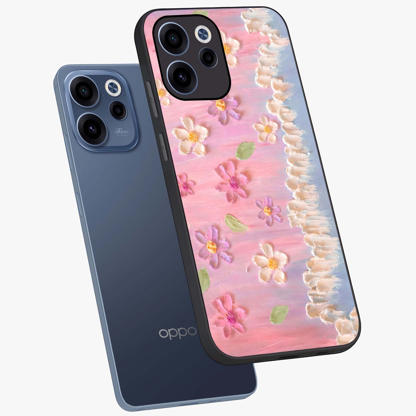 Dreamy Painted Garden Glass Case displayed in angled mockup highlighting colorful garden illustration with dreamy aesthetic style.