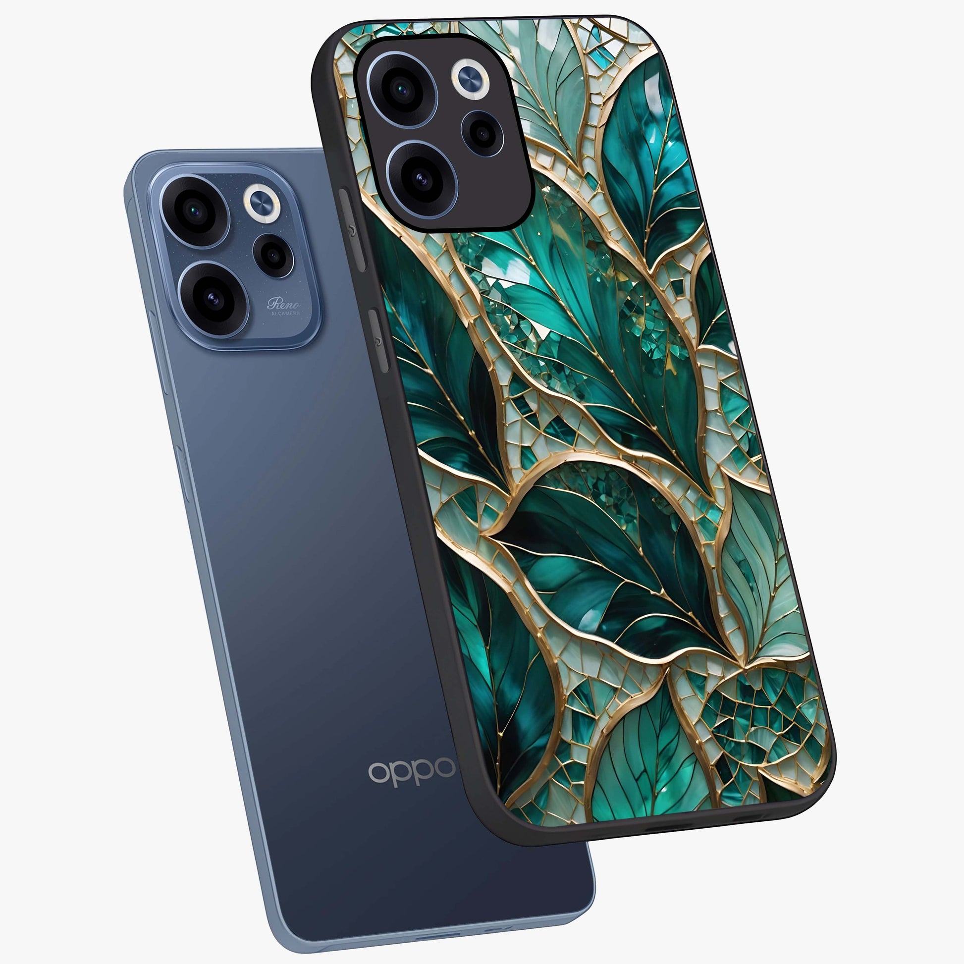 Emerald Leaf Glass Glass Case displayed in angled mockup highlighting botanical leaf illustration with elegant natural aesthetic.