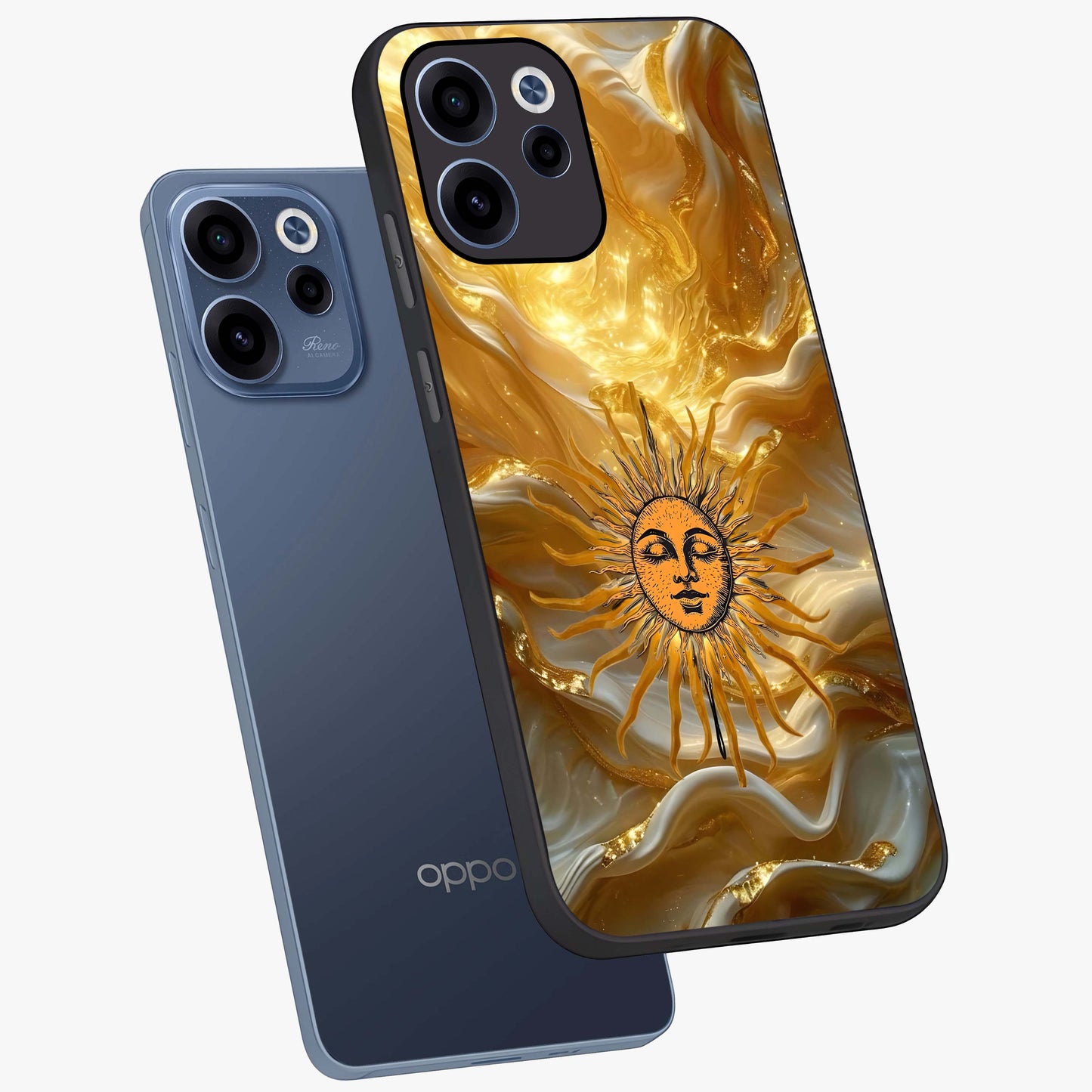 Eternal Golden Glow Glass Case displayed in angled mockup highlighting glowing golden aesthetic design with elegant style.