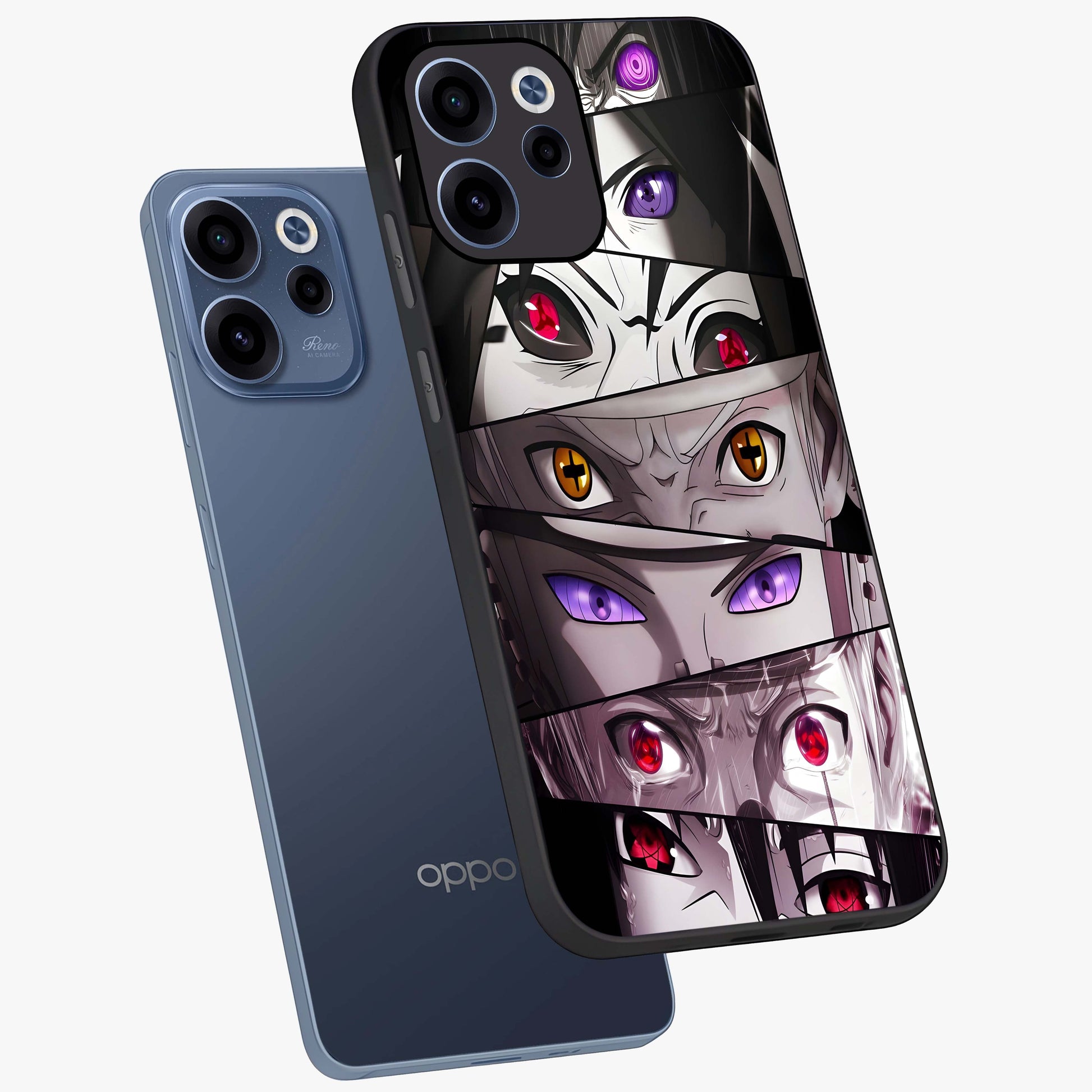 Eyes of Destiny Glass Case displayed in angled mockup highlighting bold eye illustration with mystical aesthetic style.