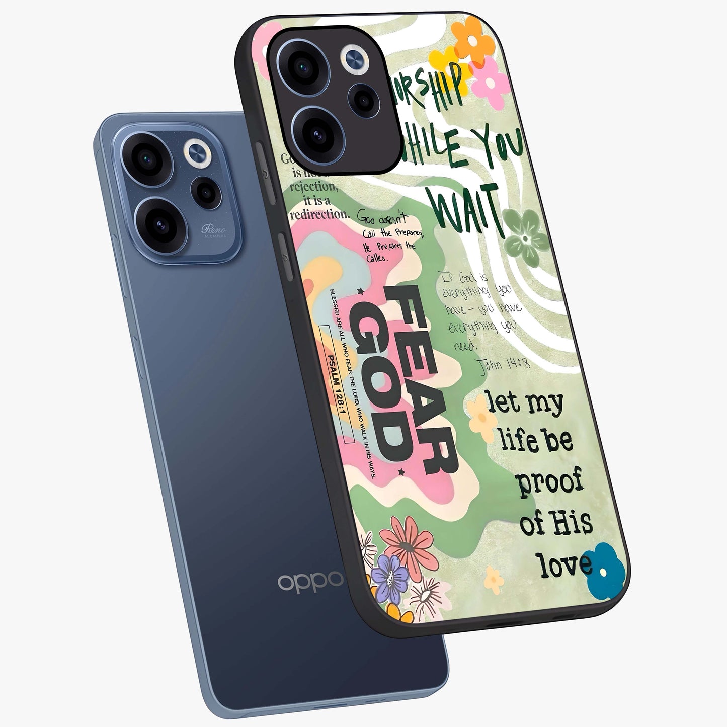 Faith Over Fear Glass Case displayed in angled mockup highlighting inspirational message design with modern aesthetic style.