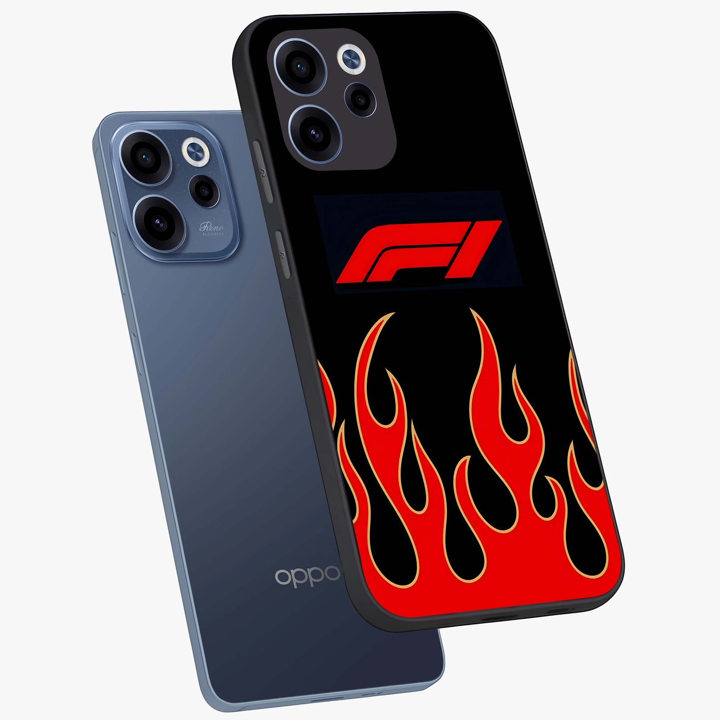 Fire F11 Glass Case displayed in angled mockup highlighting bold fire inspired graphic with energetic aesthetic style.