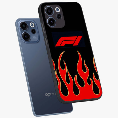 Fire F11 Glass Case displayed in angled mockup highlighting bold fire inspired graphic with energetic aesthetic style.