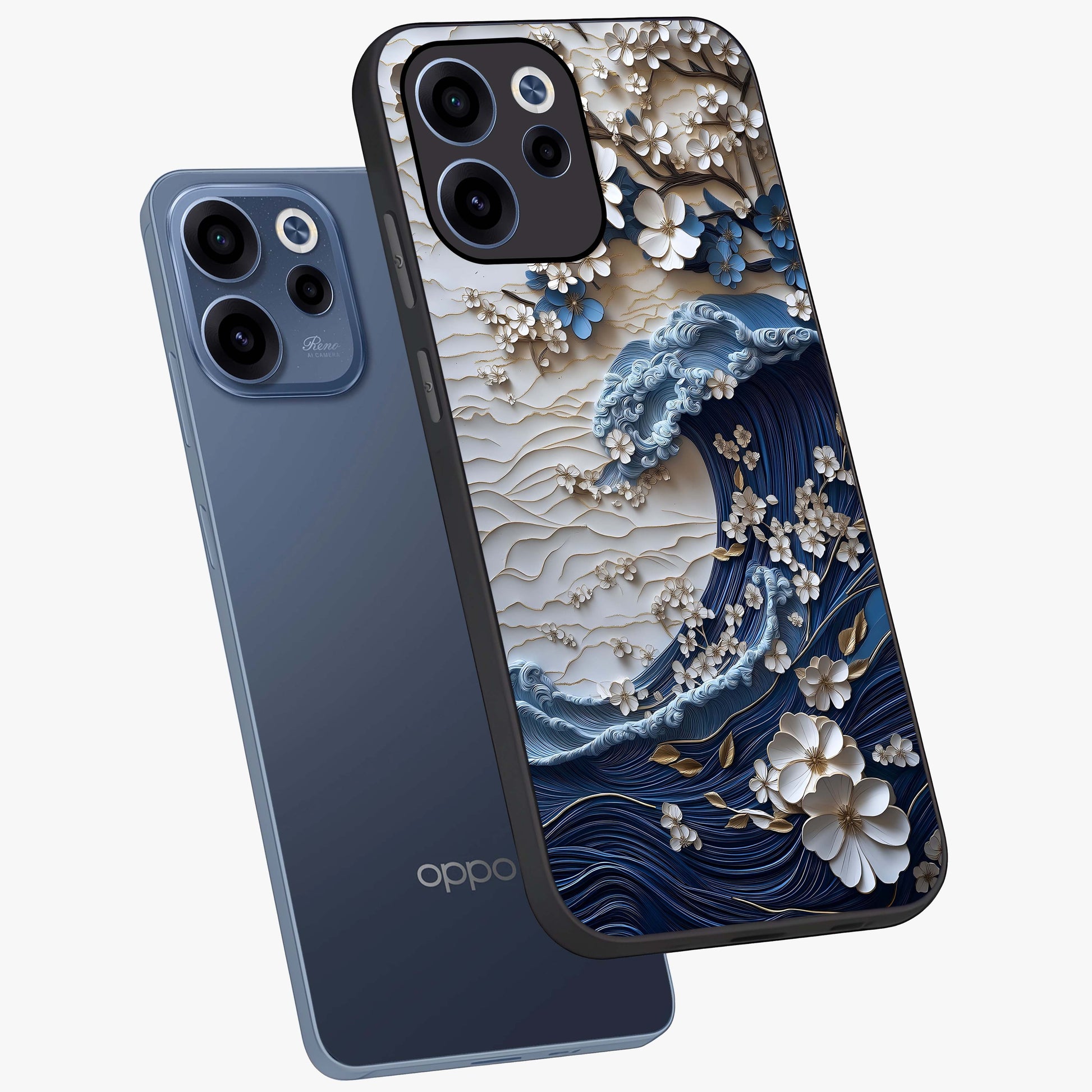 Floral Wave Origami Glass Case displayed in angled mockup highlighting geometric origami flower design with modern aesthetic style.