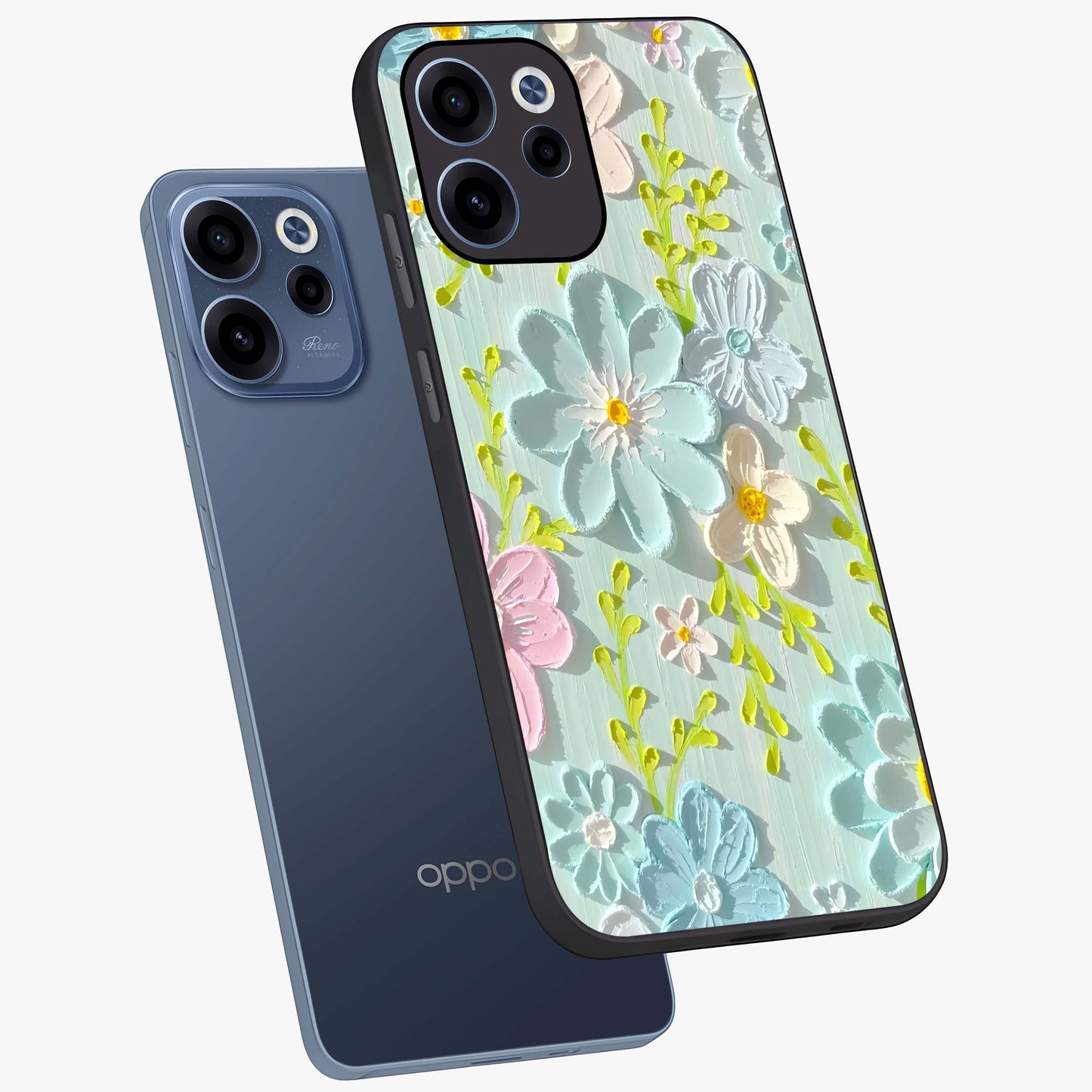 Frosted Petal Garden Glass Case displayed in angled mockup highlighting delicate flower petal design with calm garden aesthetic.