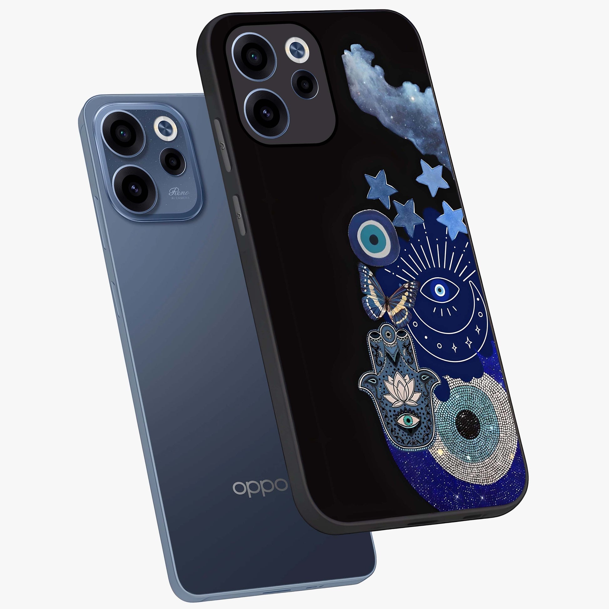 Galactic Charm Cluster Glass Case displayed in angled mockup highlighting luminous galaxy inspired design with dreamy aesthetic.