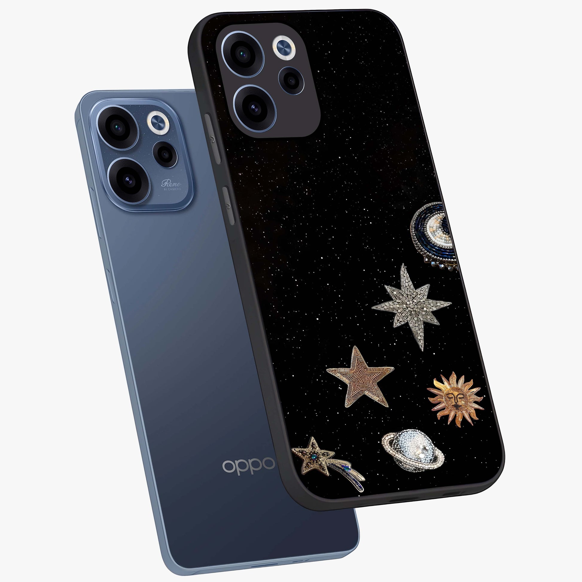 Galactic Charm Glow Glass Case displayed in angled mockup highlighting luminous galaxy inspired design with dreamy aesthetic.