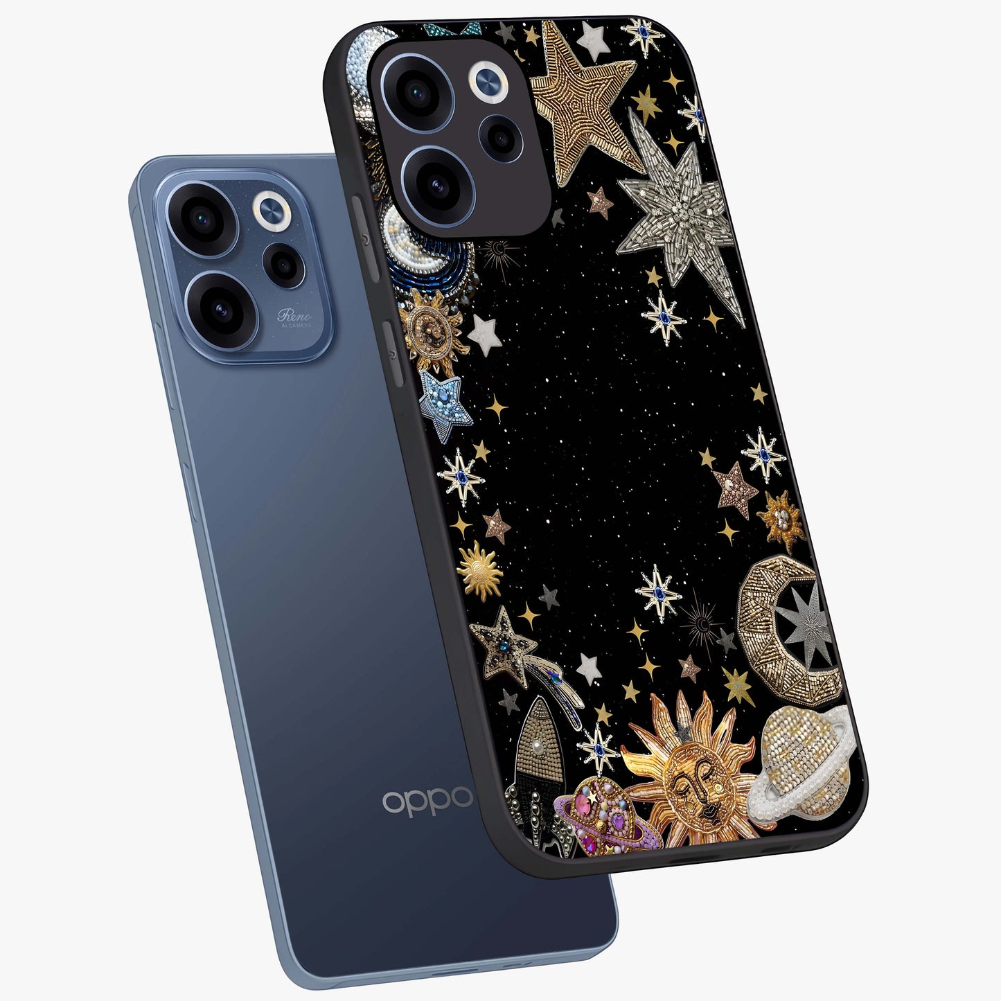 Galactic Jewel Stars Glass Case displayed in angled mockup highlighting shining celestial star design with cosmic aesthetic style.