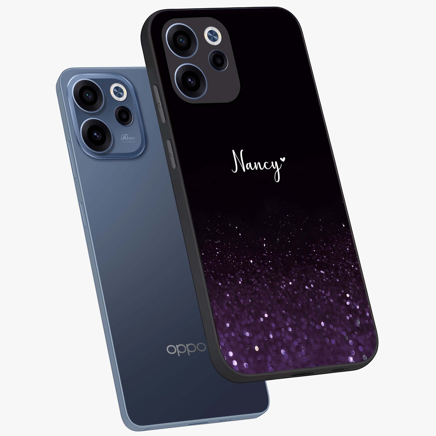 Glittery Purple Bokeh Custom Name Glass Case displayed in angled mockup highlighting glitter bokeh pattern with custom name feature.