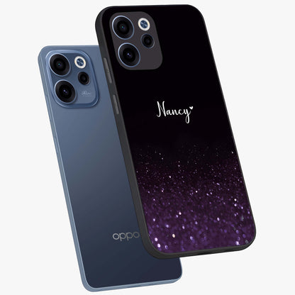 Glittery Purple Bokeh Custom Name Glass Case displayed in angled mockup highlighting glitter bokeh pattern with custom name feature.