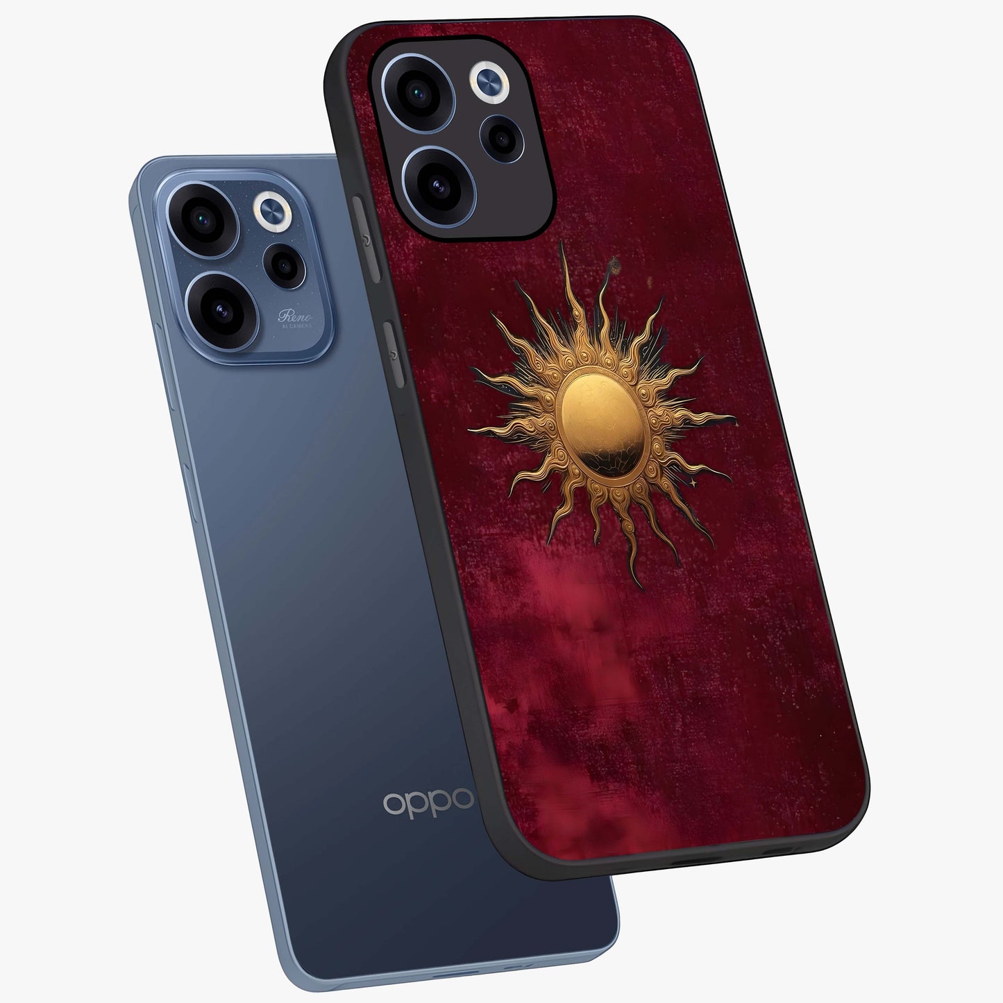 Golden Sun Minimalism Glass Case displayed in angled mockup highlighting clean sun symbol design with modern minimal aesthetic.