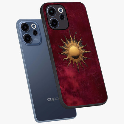 Golden Sun Minimalism Glass Case displayed in angled mockup highlighting clean sun symbol design with modern minimal aesthetic.